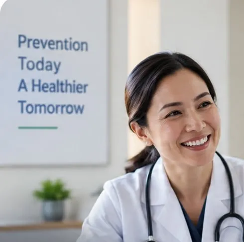 A smiling doctor in a white coat with a stethoscope. A wall sign behind her reads “Prevention Today A Healthier Tomorrow”.