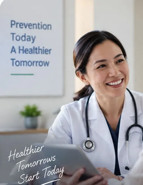 A smiling doctor talks with a patient. A wall sign reads “Prevention Today A Healthier Tomorrow” and the photo is captioned “Healthier Tomorrows Start Today”.