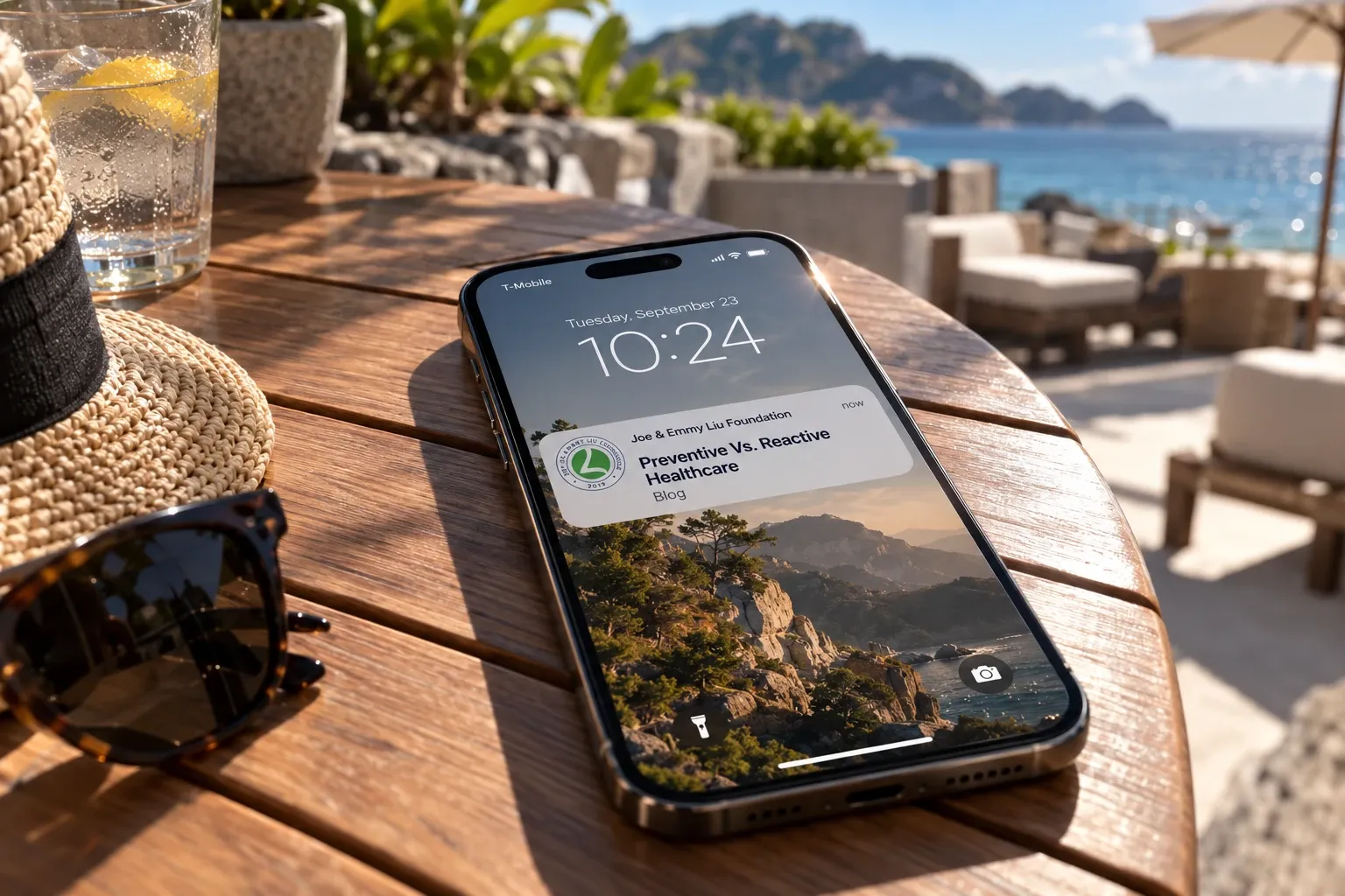 A phone on a wooden patio table by the sea showing a Joe & Emmy Liu Foundation blog notification titled “Preventive Vs. Reactive Healthcare”