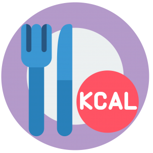 purple plate with blue utensils and kcal icon