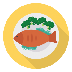 red fish on yellow plate with veggies icon