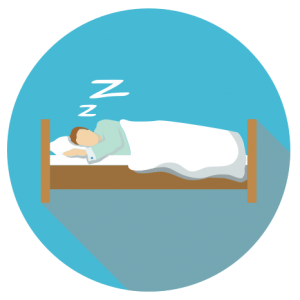 man sleeping on bed with blue background icon